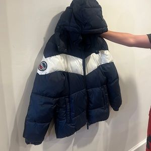 Boys Winter hoody jacket- navy with white zigzag. Brand is Superdry Expedition